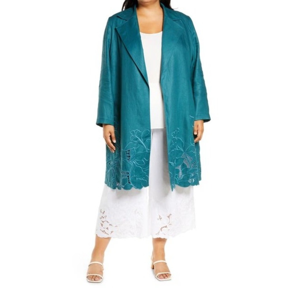 Lafayette 148 Teal 100% Linen Embroidered Cutout Trench Coat Jacket Large $1500